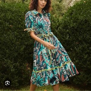 Stellah Palm Print Ribbon Trim Midi Dress Size L